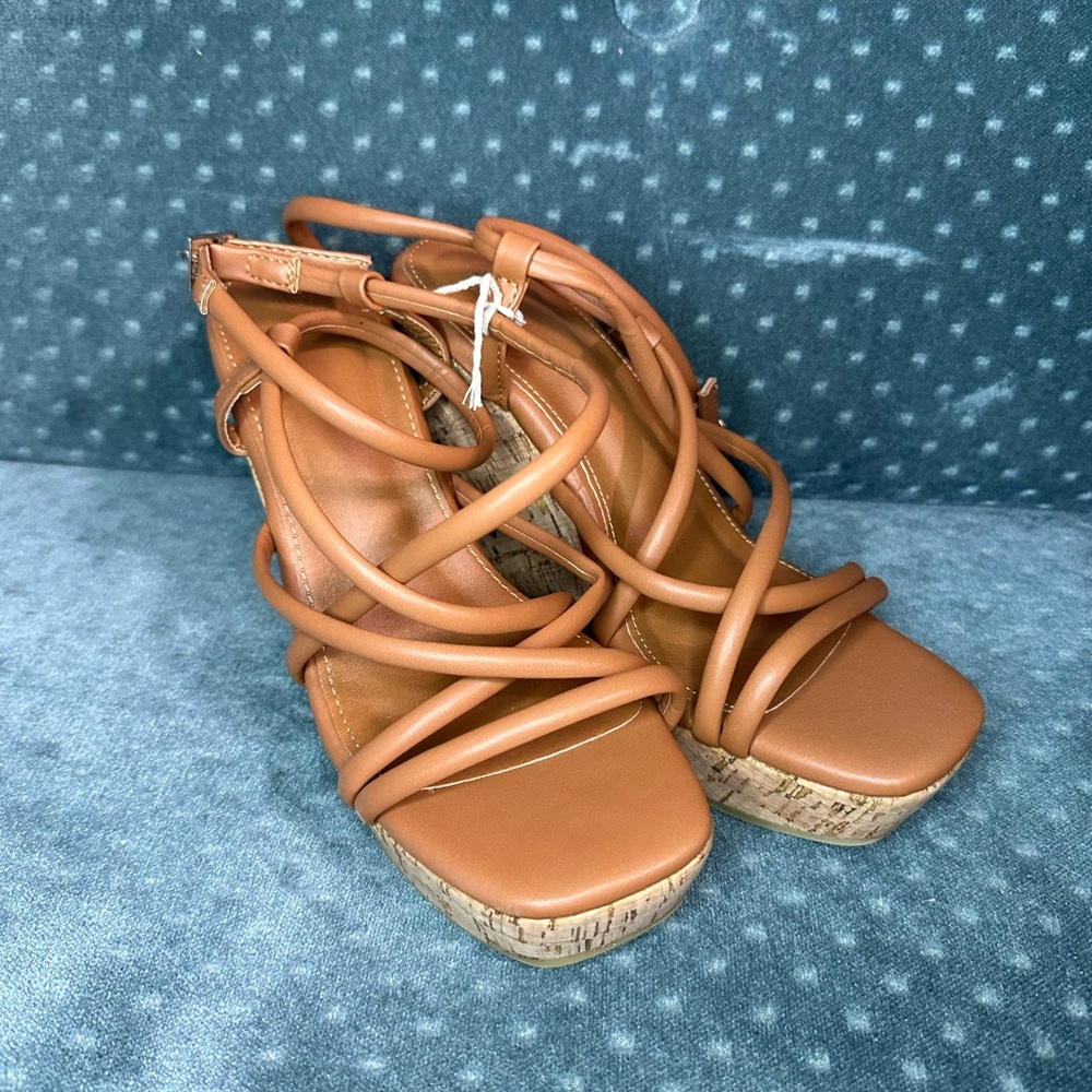 Tan Platform Sandals with Crisscross Straps